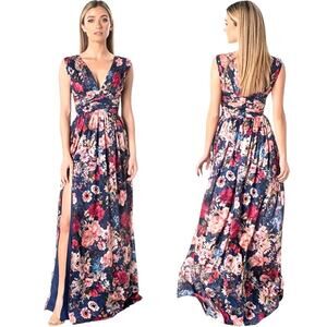 Dress The Population Maxi Dress Sz S Floral Wedding Guest Slit Blue Boho X Long